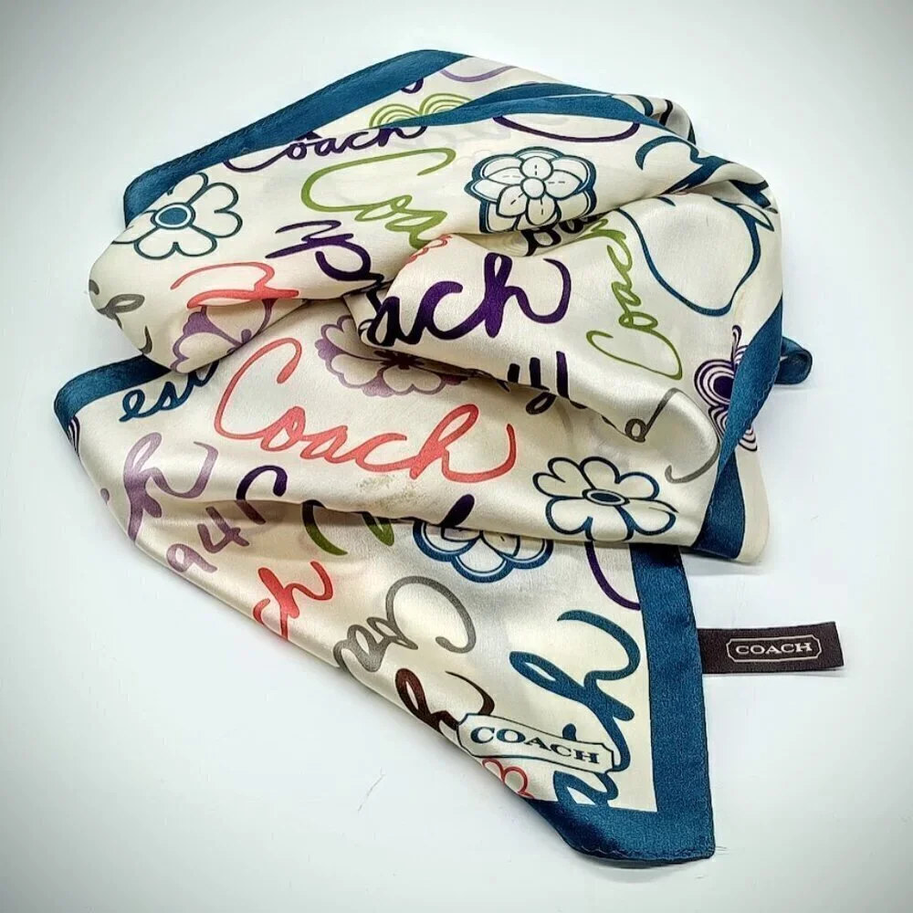 Coach Teal Border Signature Print Silk Oblong Scarf